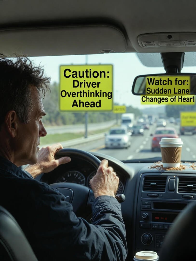 Coffee spilling on dashboard during chaotic drive.