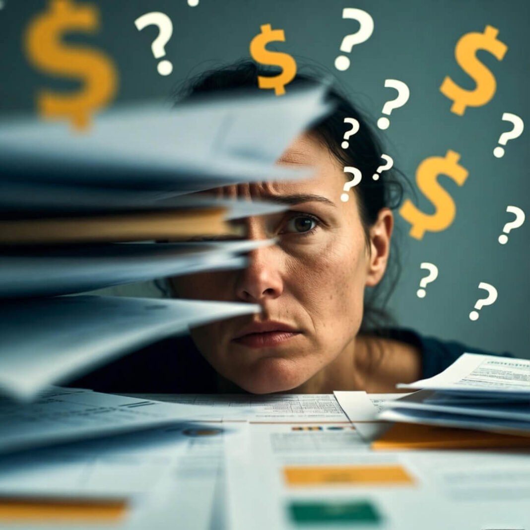 Stressed person overwhelmed by medical bills and paperwork.